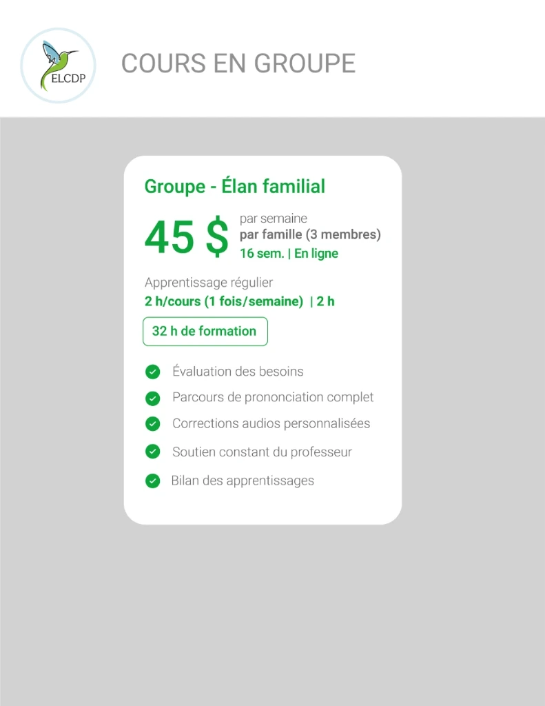 Cours d’anglais en groupe pour famille - 3 membres (1 fois par semaine)